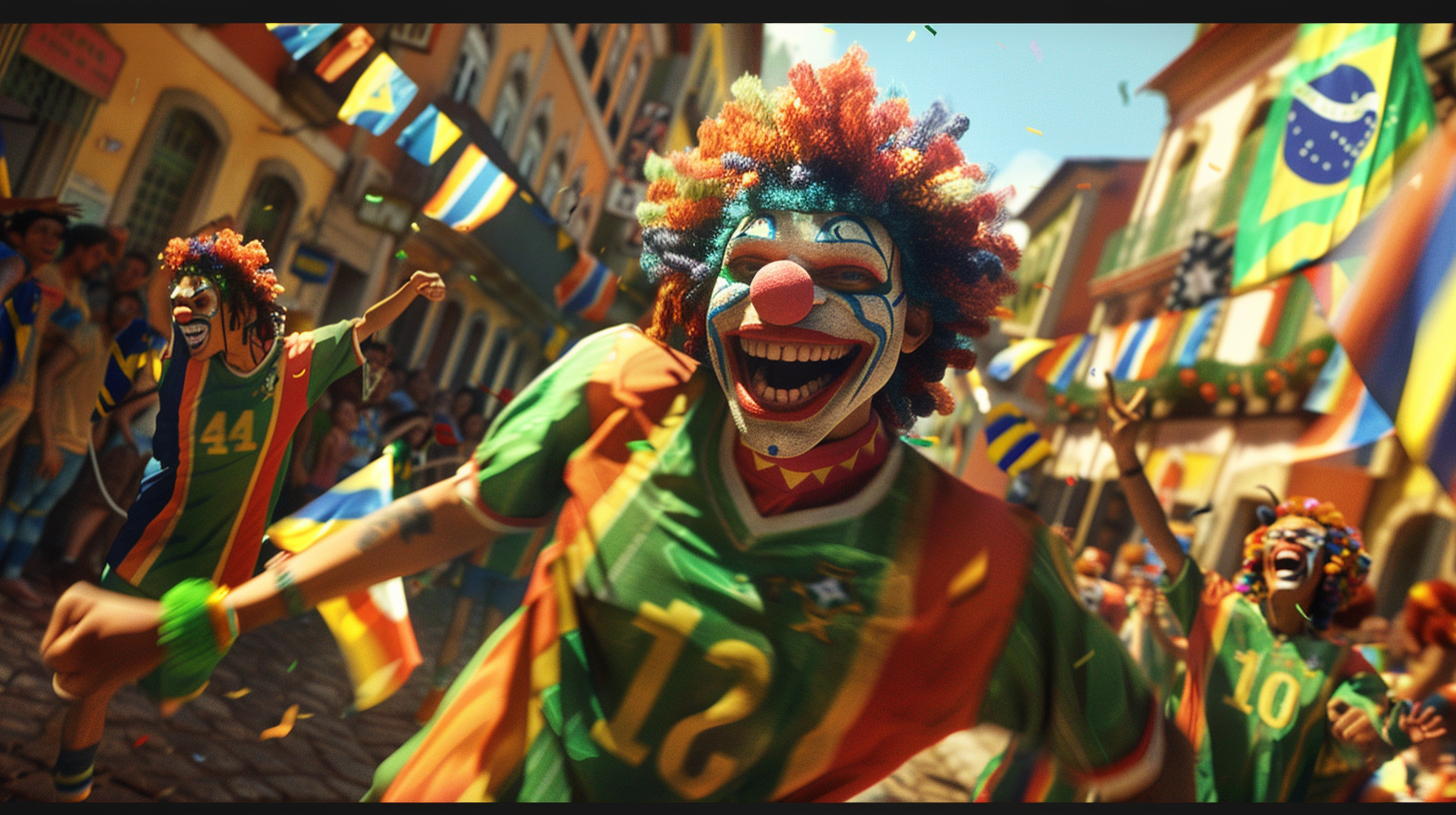 Clowns in Brazil jerseys with colorful flags parade cheerfully.