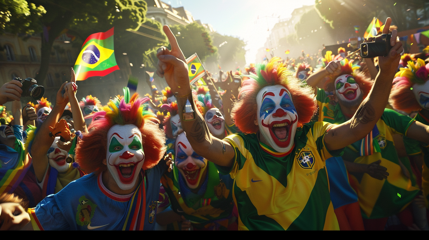 Clowns in Brazil soccer jerseys gather in park.