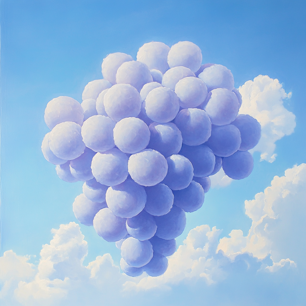 Cluster of grape-shaped cloud in a blue sky with soft, fluffy textures.