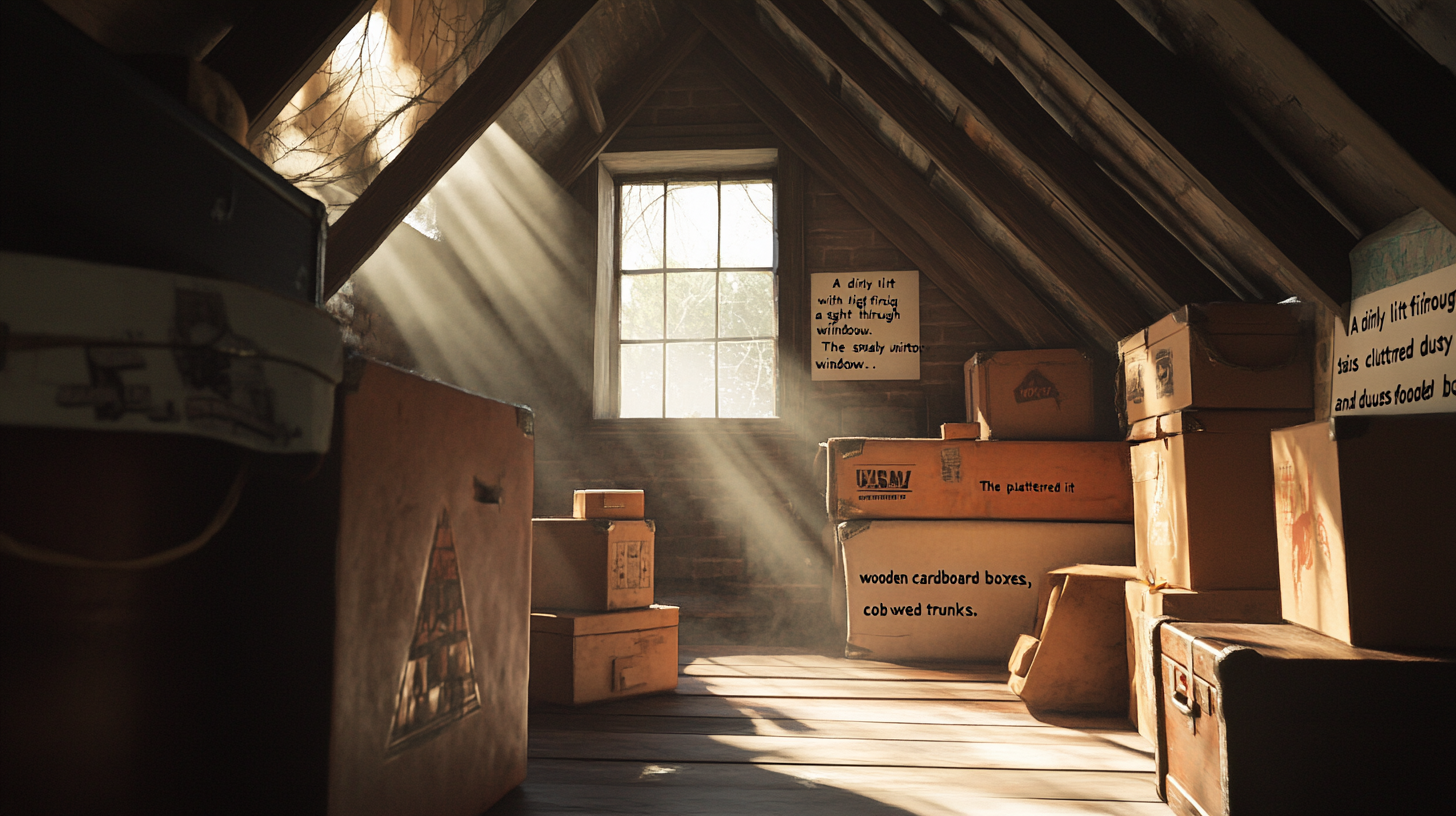 Cluttered attic with dusty boxes, furniture, cobweb trunks.