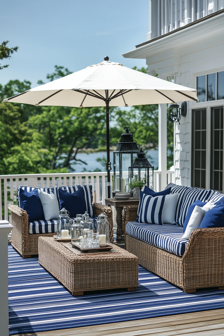 Coastal patio with navy and white decor, nautical theme.