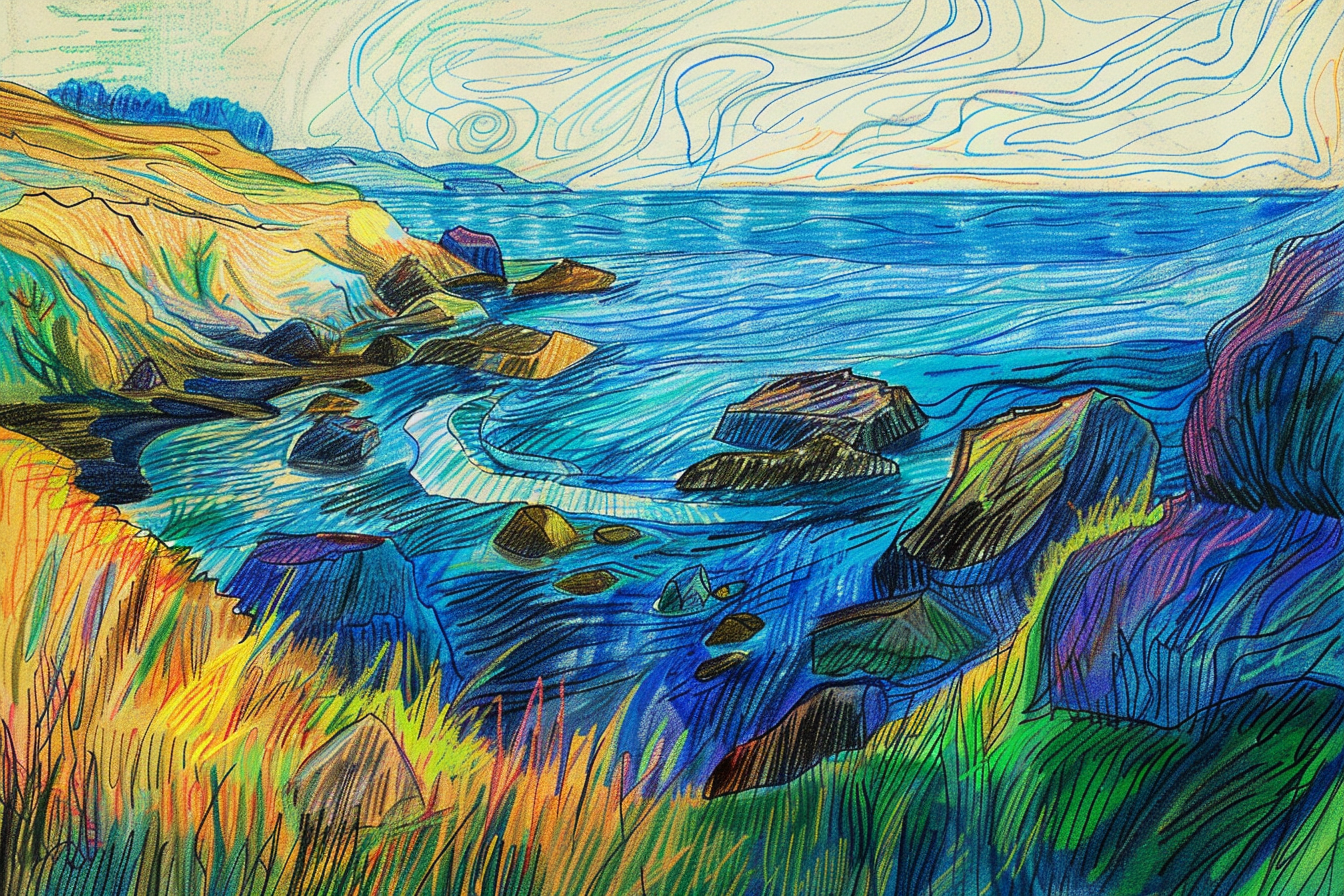 Coastal sketch with bold pencil lines and vibrant colors.