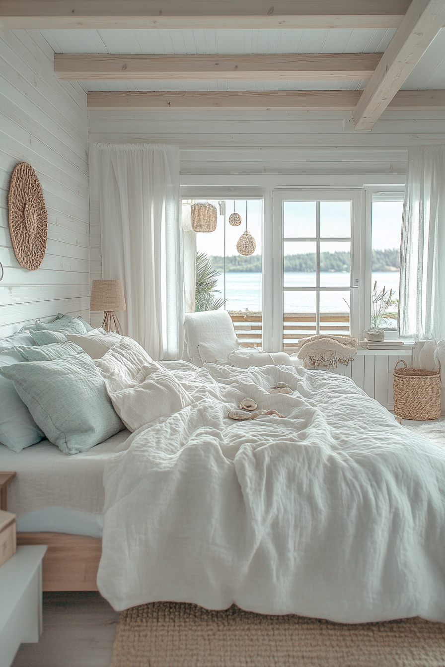 Coastal-themed cabin bedroom with modern furniture and decor