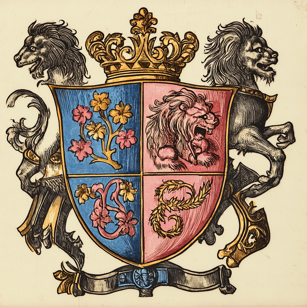 Coat-of-arms divided diagonally, blue rose, red wheat lion.