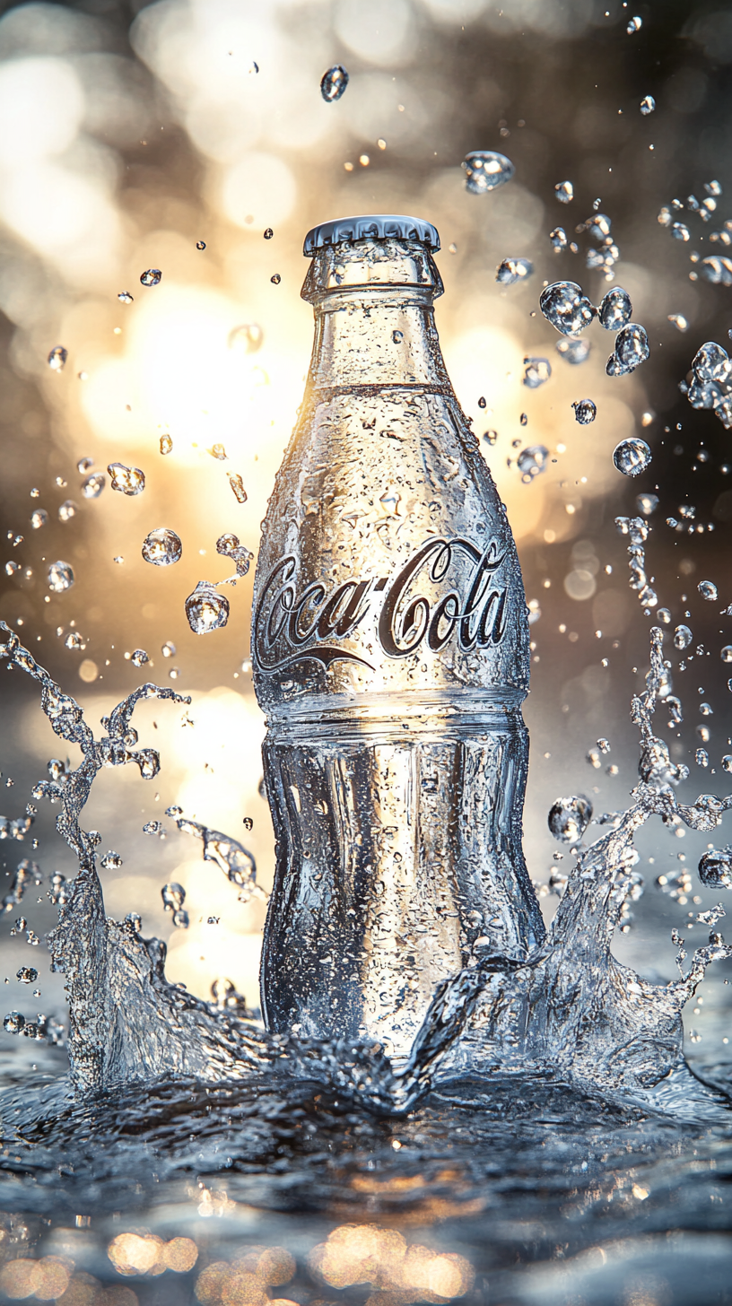 Coca-Cola bottle on sparkling water with bubbles splashing