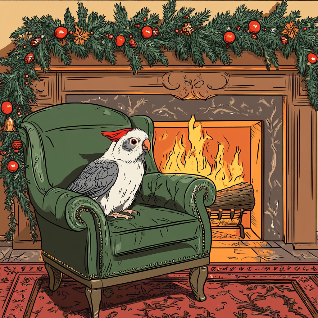 Cockatiel on Festive Chair by Fireplace Drawing