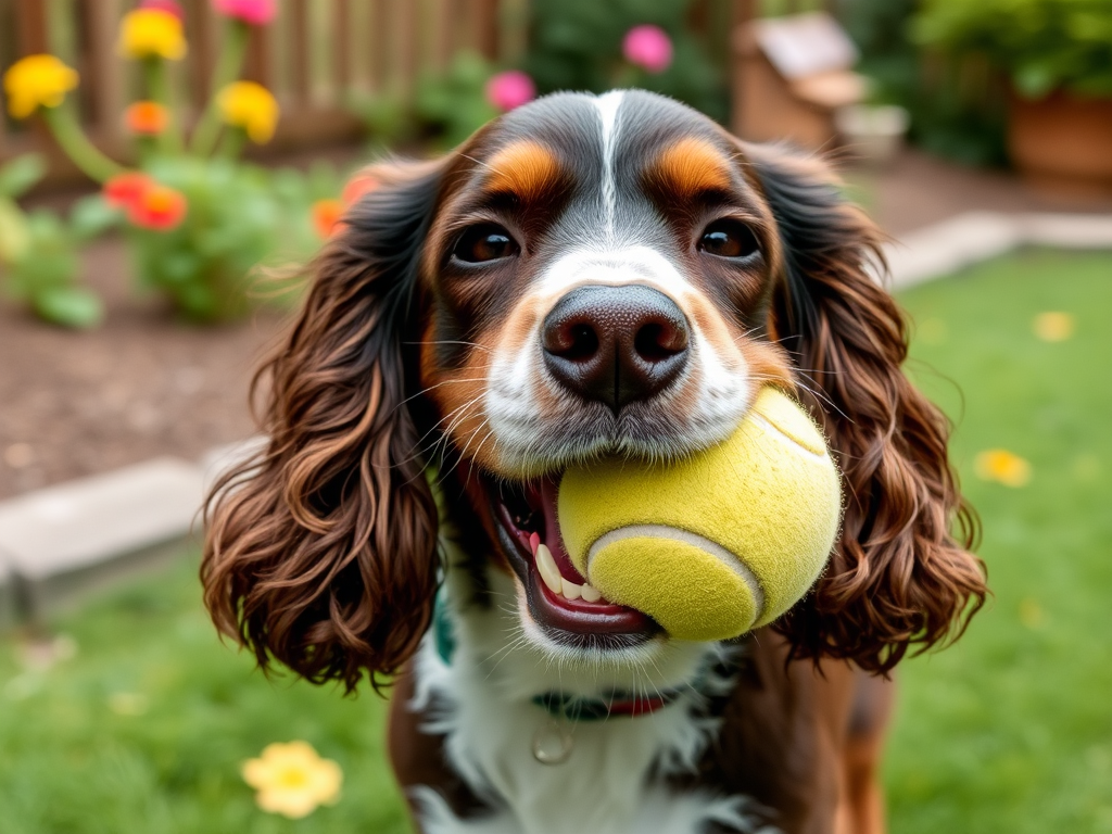 Cocker Spaniel Dog With Tennis Ball Outdoors