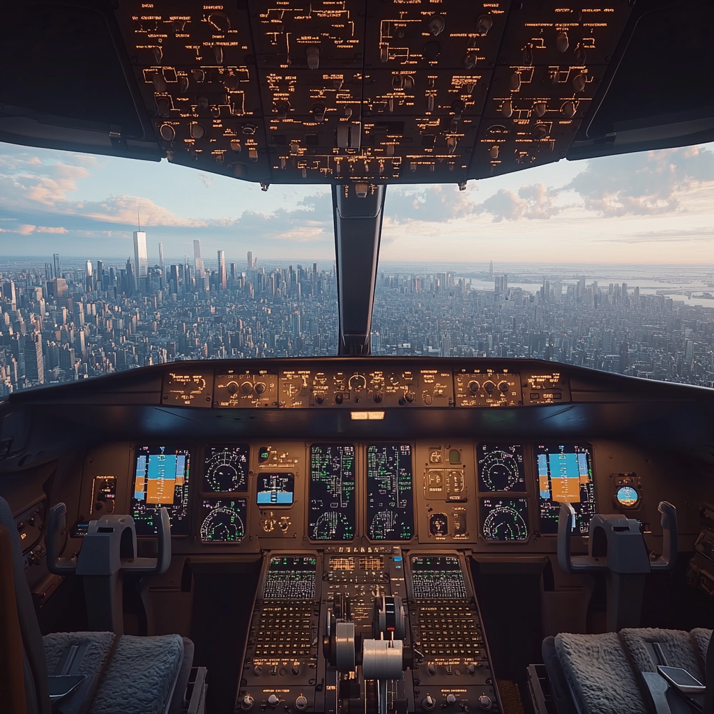 Cockpit view of big airliner landing in cityscape