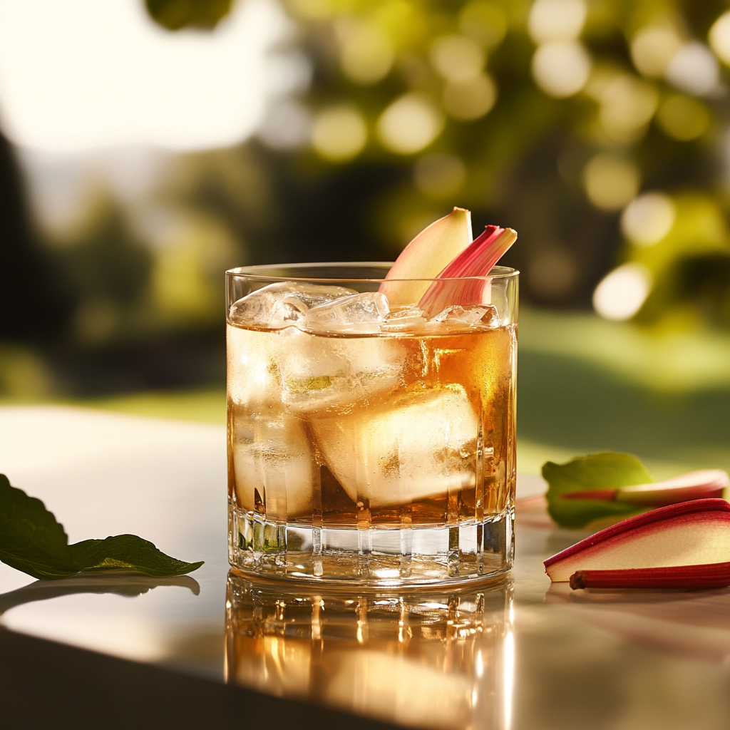 Cocktail in whiskey glass with ice and natural elements.