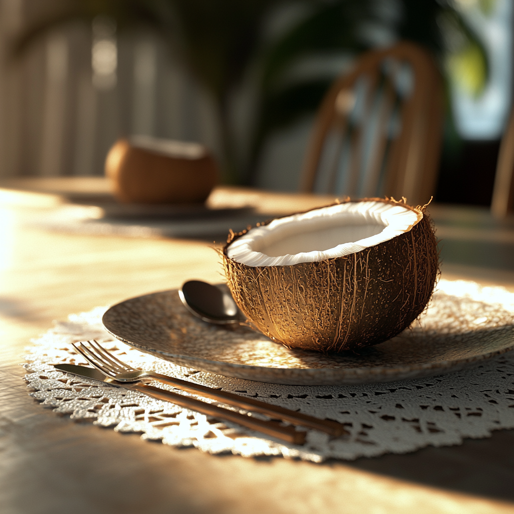 Coconut flatware on table with sunlight accents