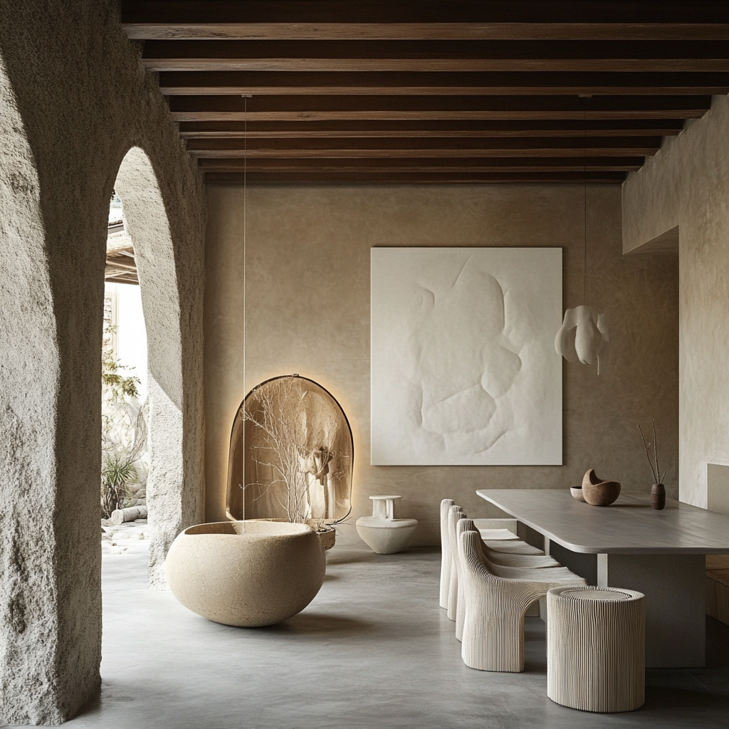 Coconut wall and big white art in dining room.