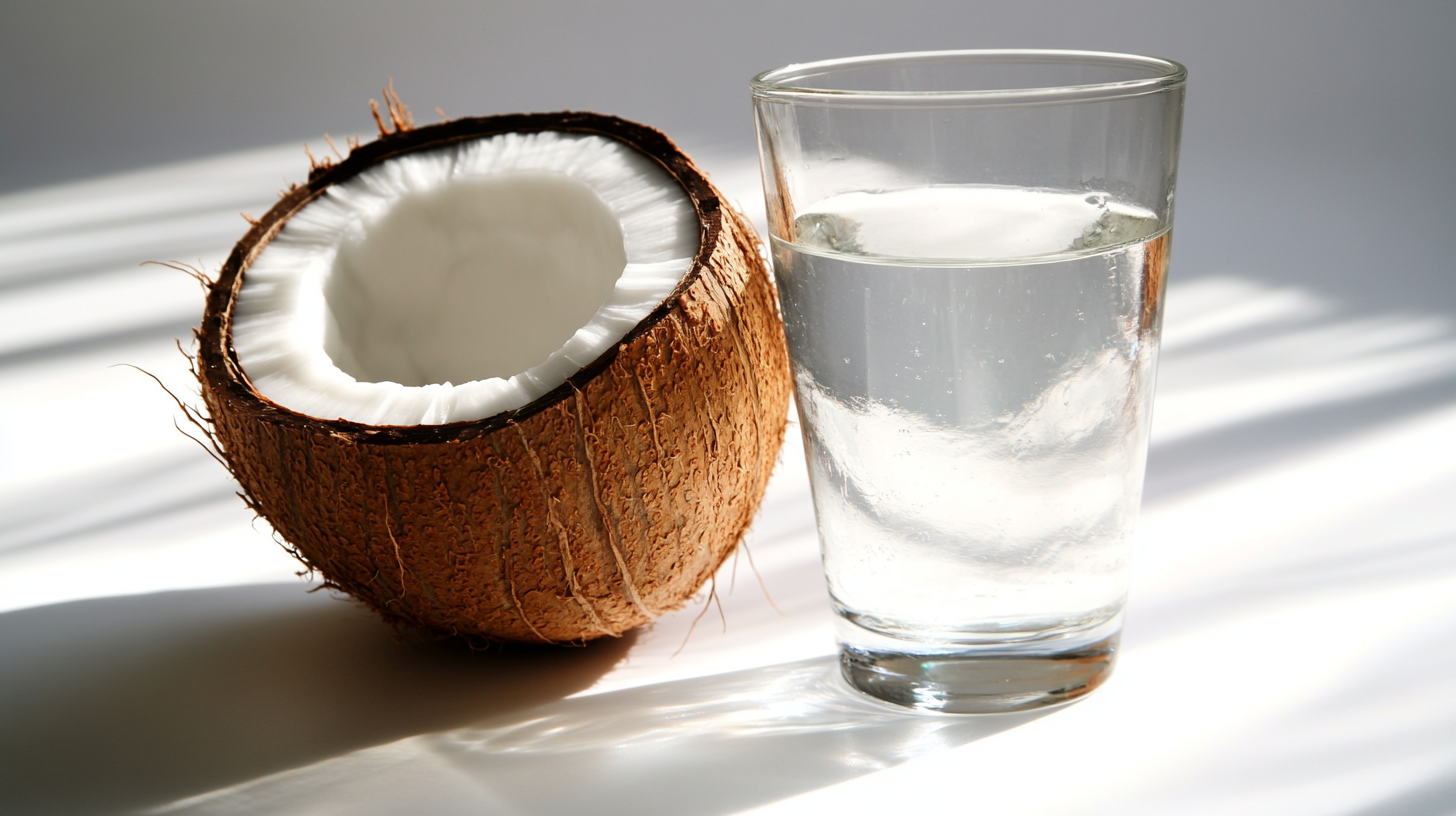 Coconut water in glass next to whole coconut