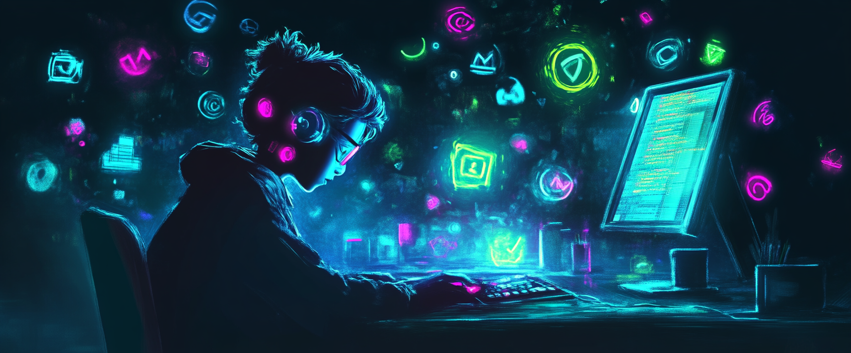 Coding scene with floating icons in neon colors.