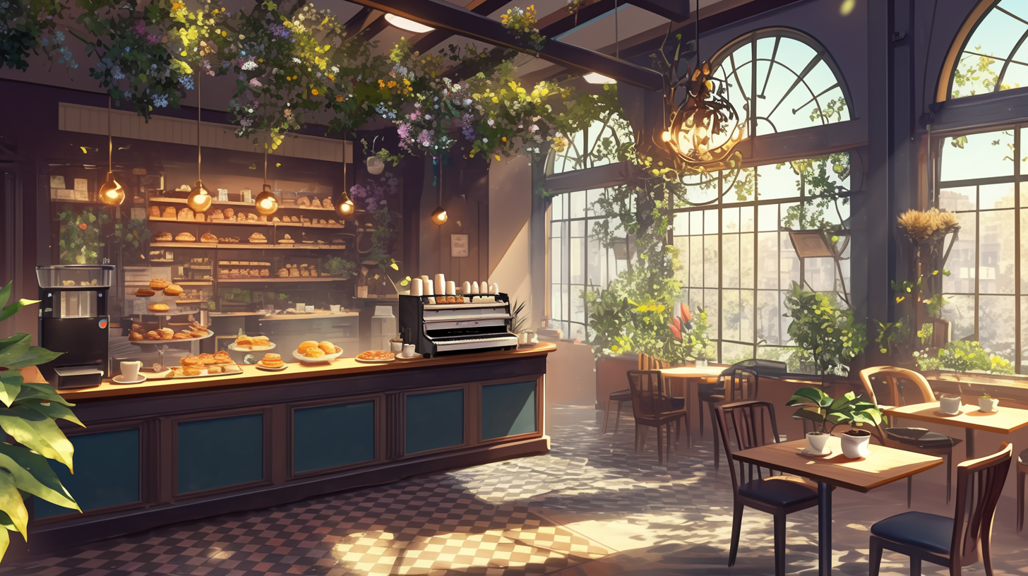 Coffee Shop Interior with Black Wood and Greenery