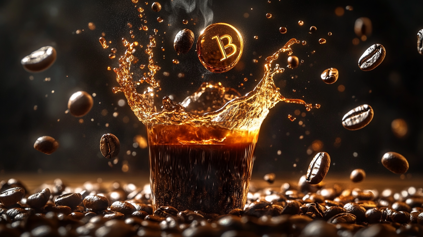 Coffee splash with Bitcoin logo beans, high-def, realistic, dramatic.