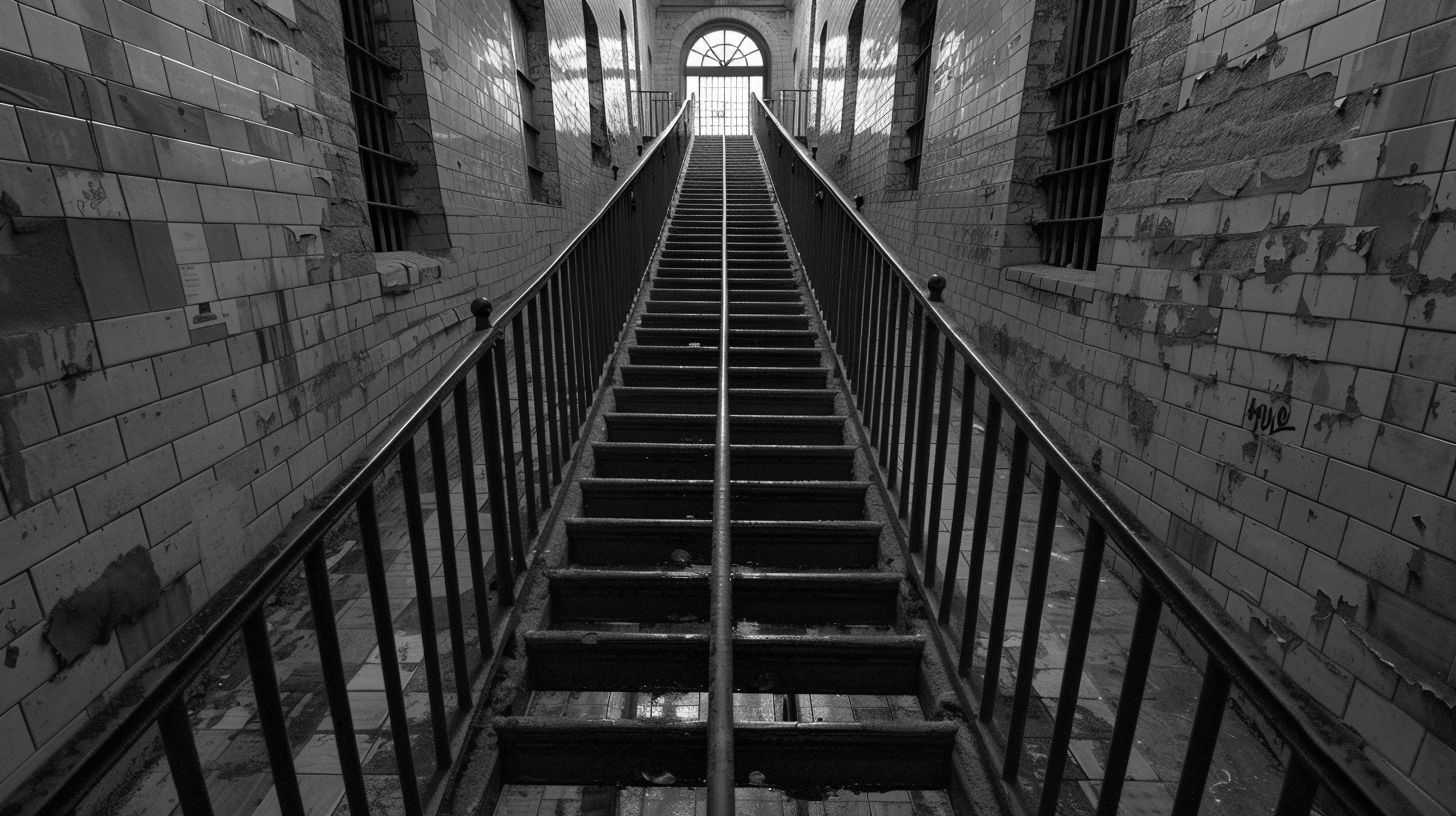 Cold, bleak institutional room with imposing prison gate.