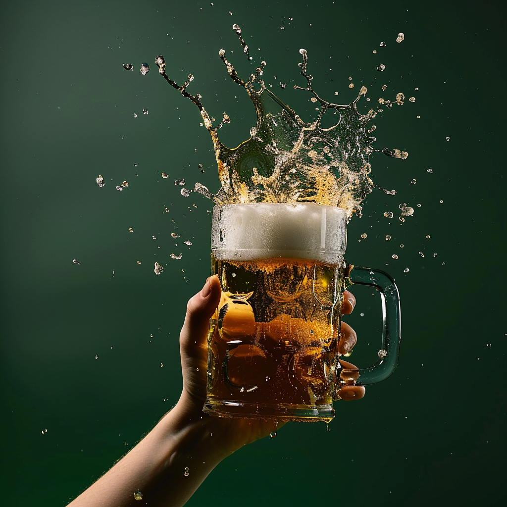 Cold Oktoberfest beer mug held by woman, angle from below