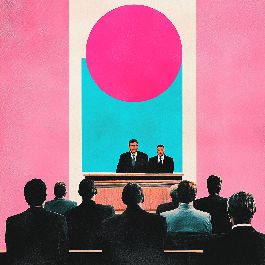 Collage inspired by pop art and Kusama, courtroom trial.