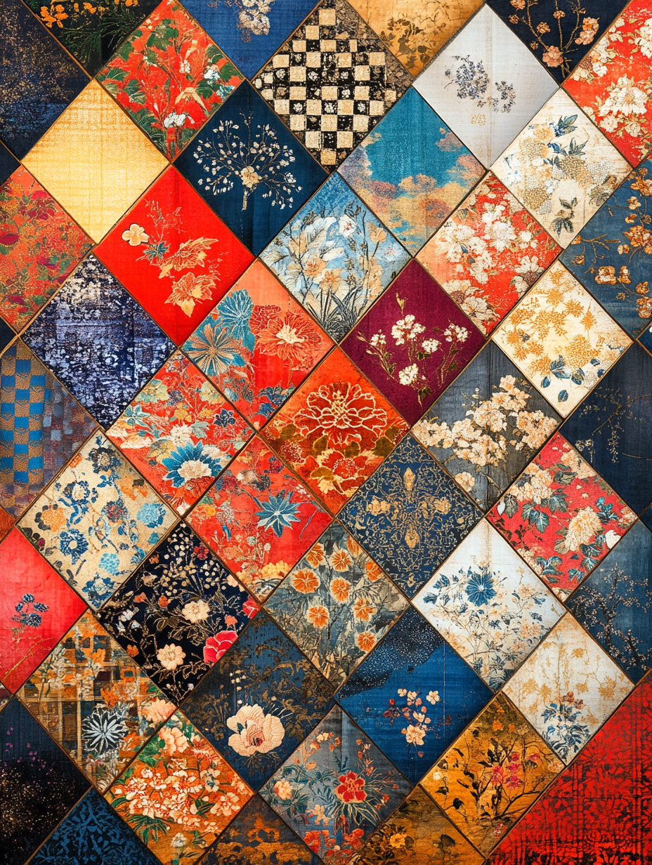 Collage of Japanese textile patterns in diamond format.