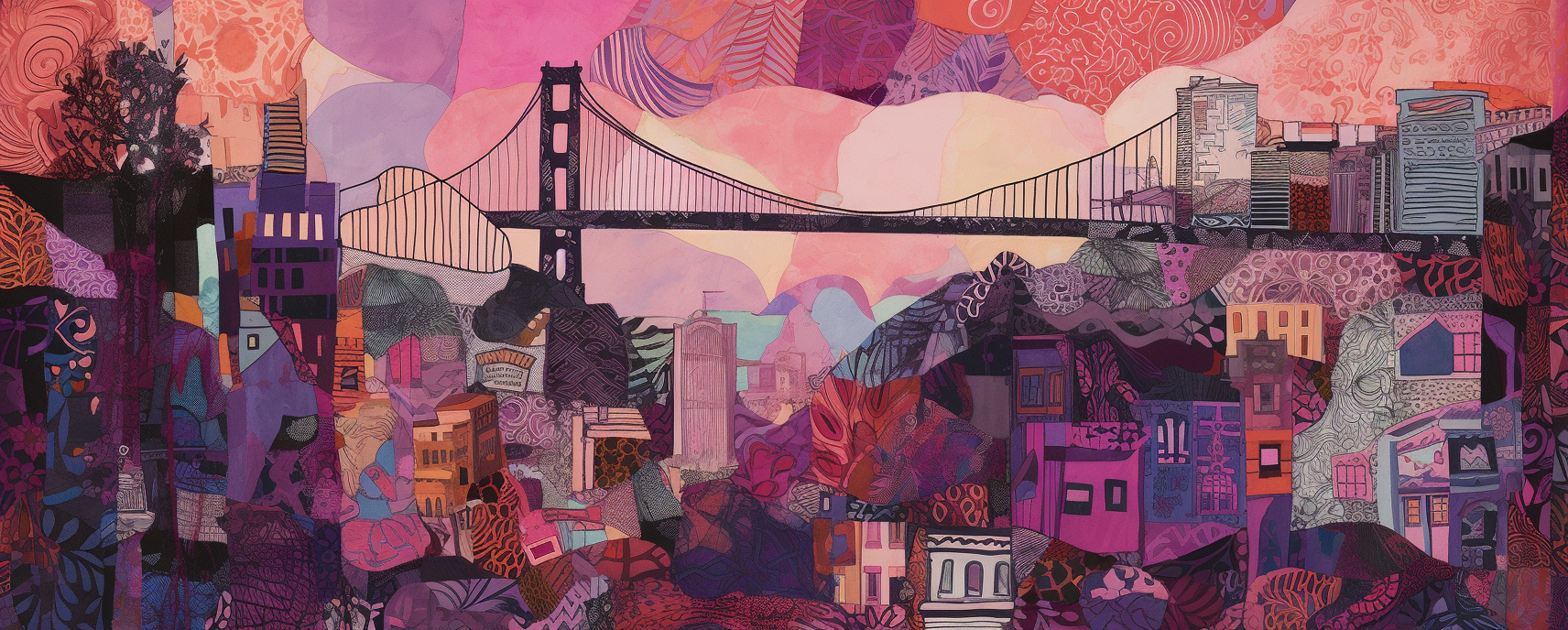 Collage of patterns and textures, urban life symbolism, vibrant colors