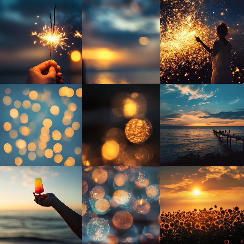 Collage of serene summer scenes: sparkler, ocean, sky, sunflowers.