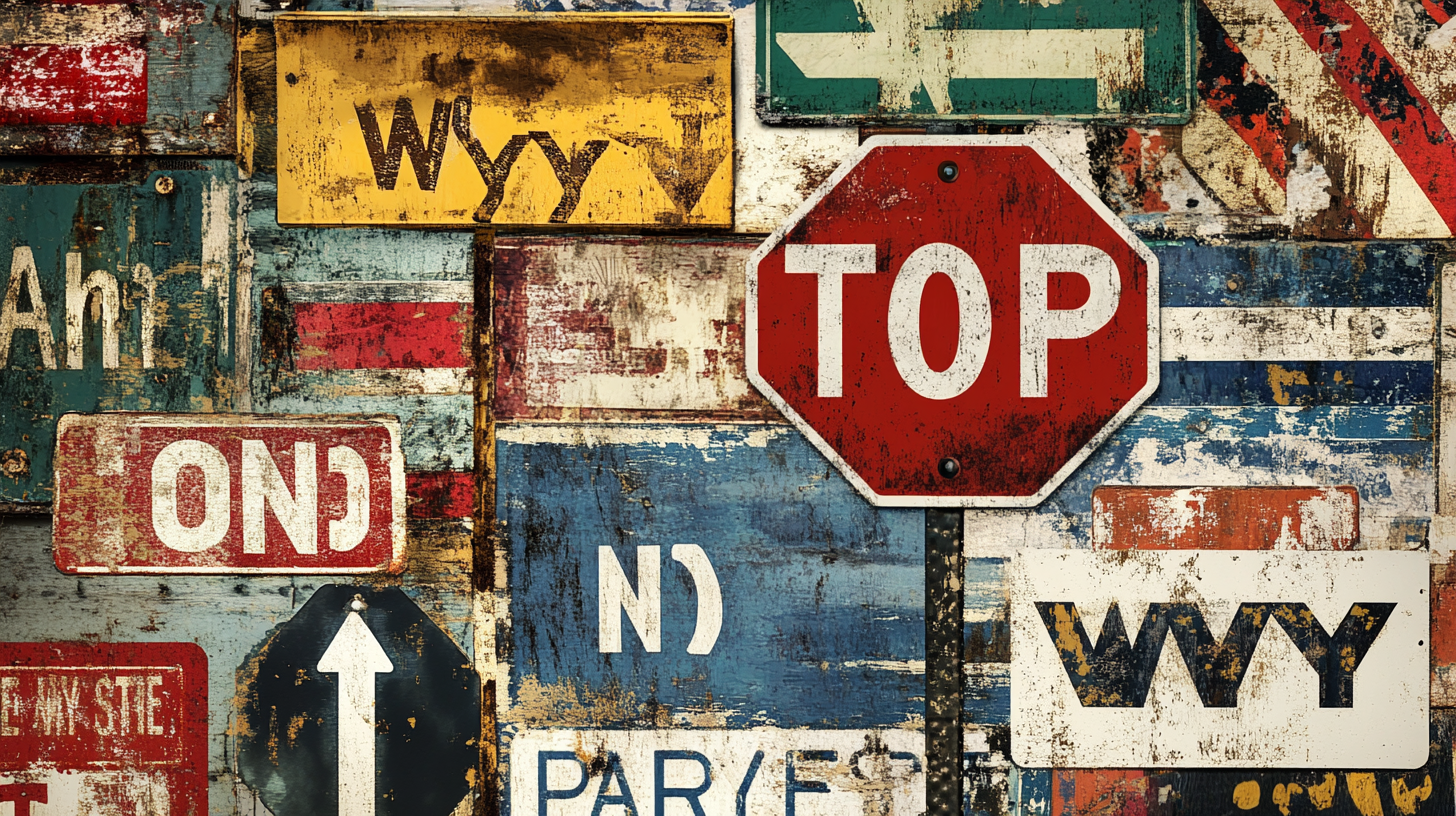 Collage of street signs including STOP and ONE WAY.