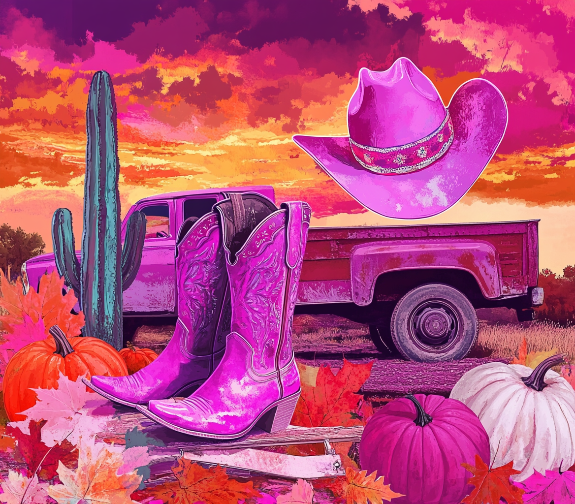 Collage with Western theme, featuring cowgirl boots, hat