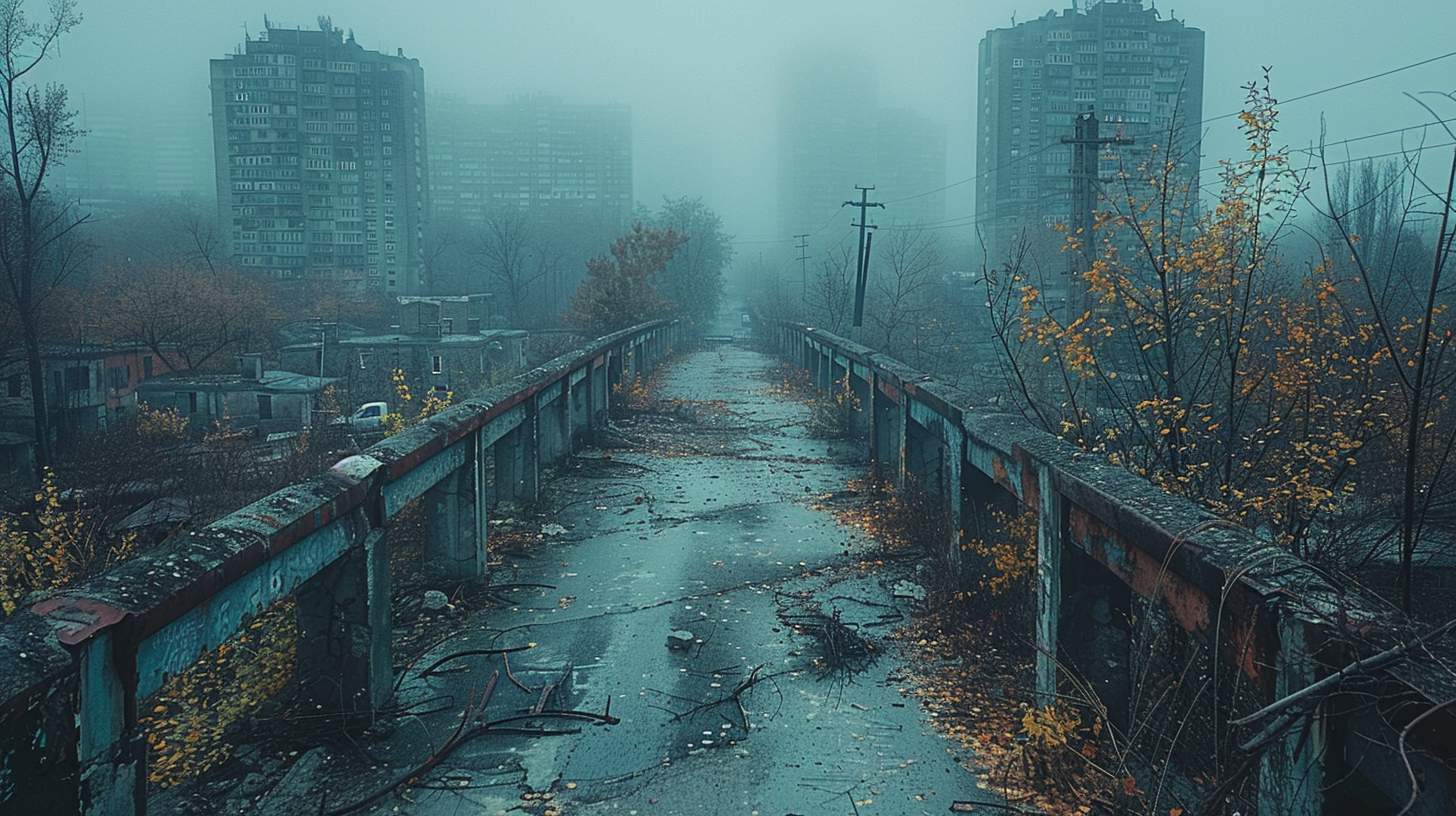 Collapsed bridge in abandoned city, nature reclaiming urban ruins.