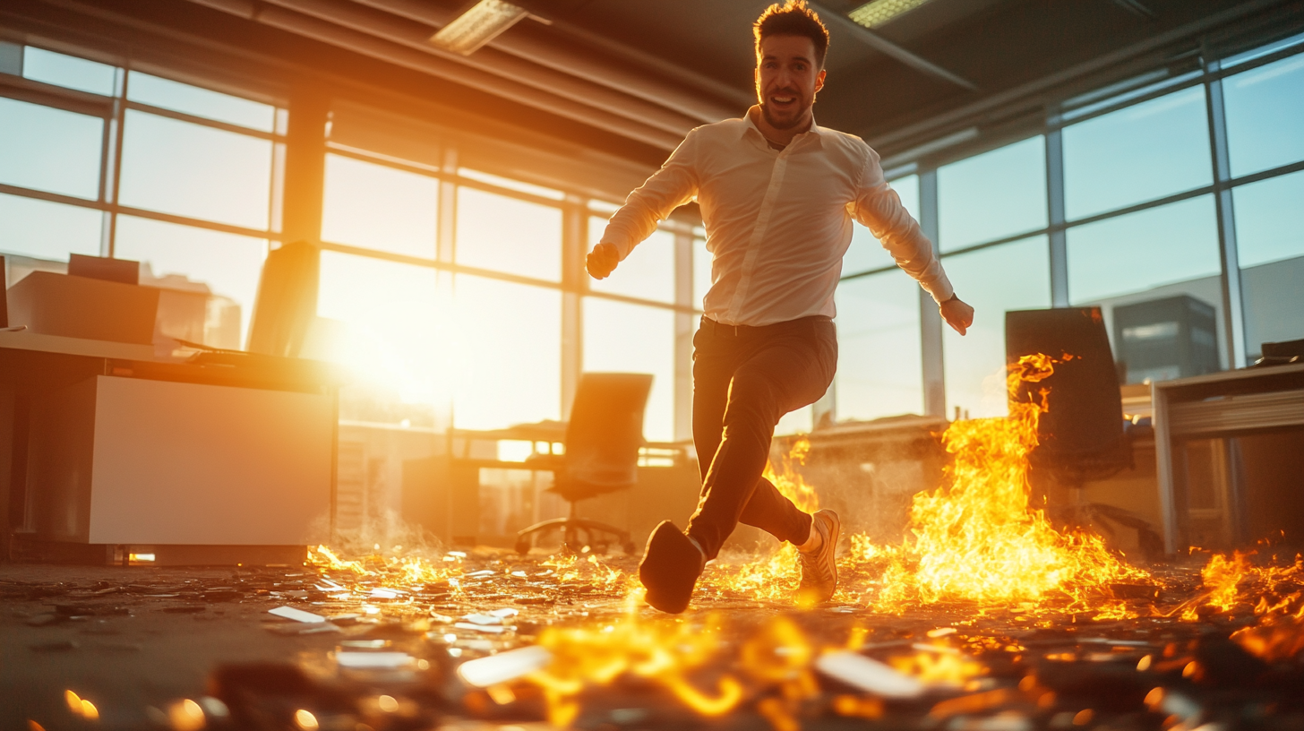 Colleague happily runs barefoot over burning glass at office.