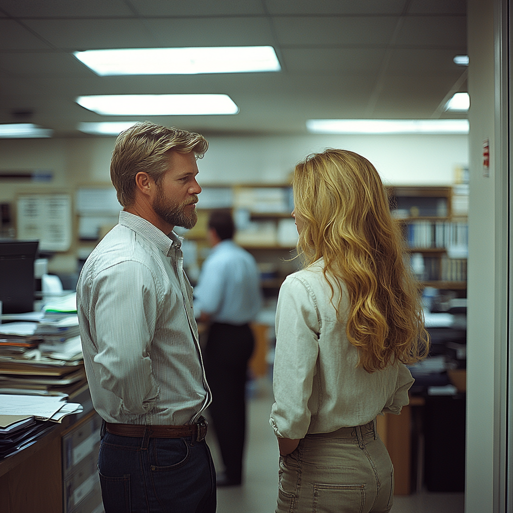 Colleagues gossip near office doorway, desk worker unaware.