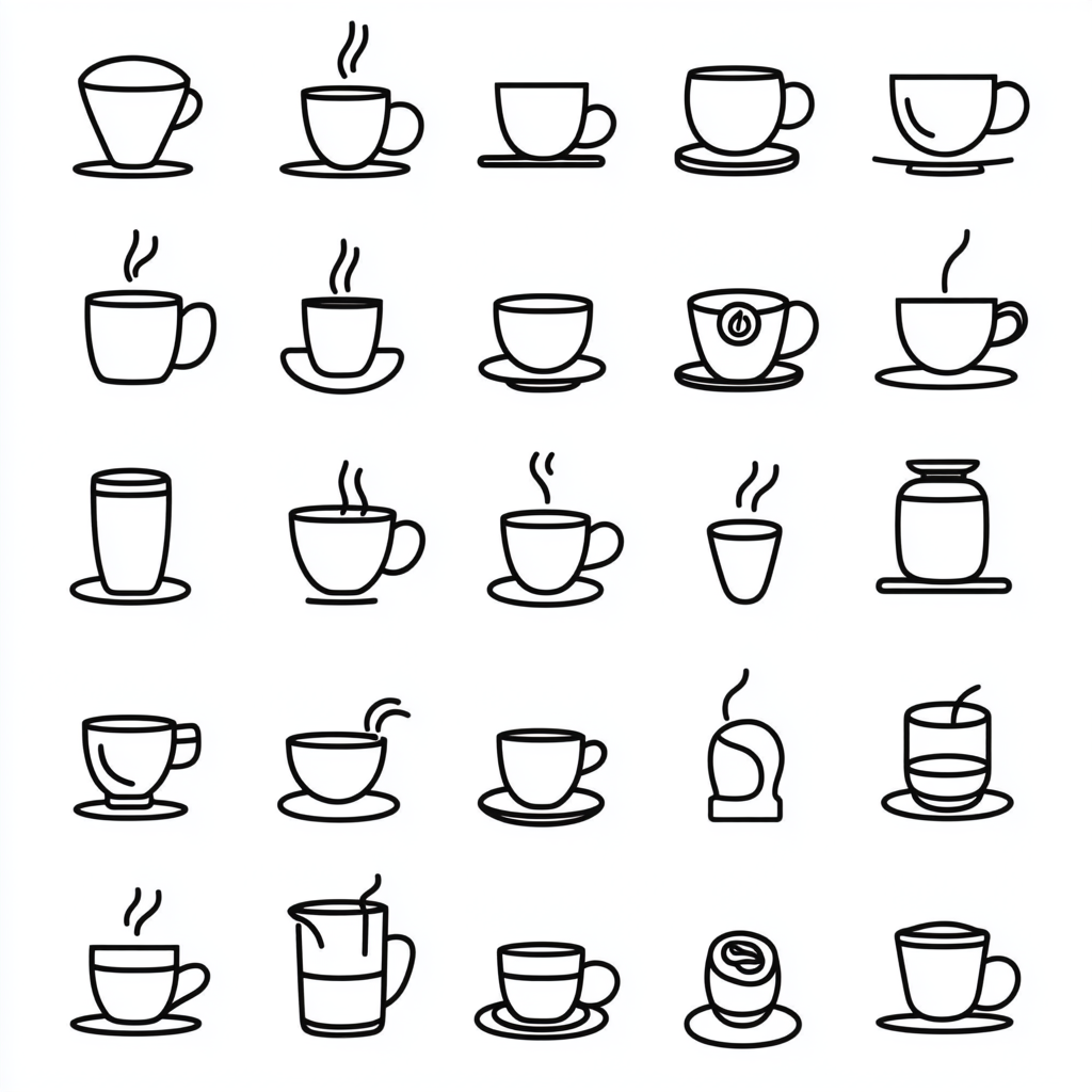 Collection of 40 minimal black and white coffee icons.