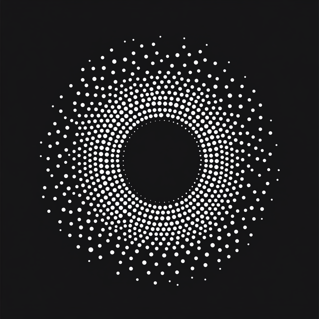 Collection of white dots in circular pattern on black.