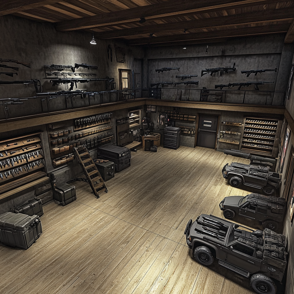 College bedroom with weapon vault, offroad vehicle, guns