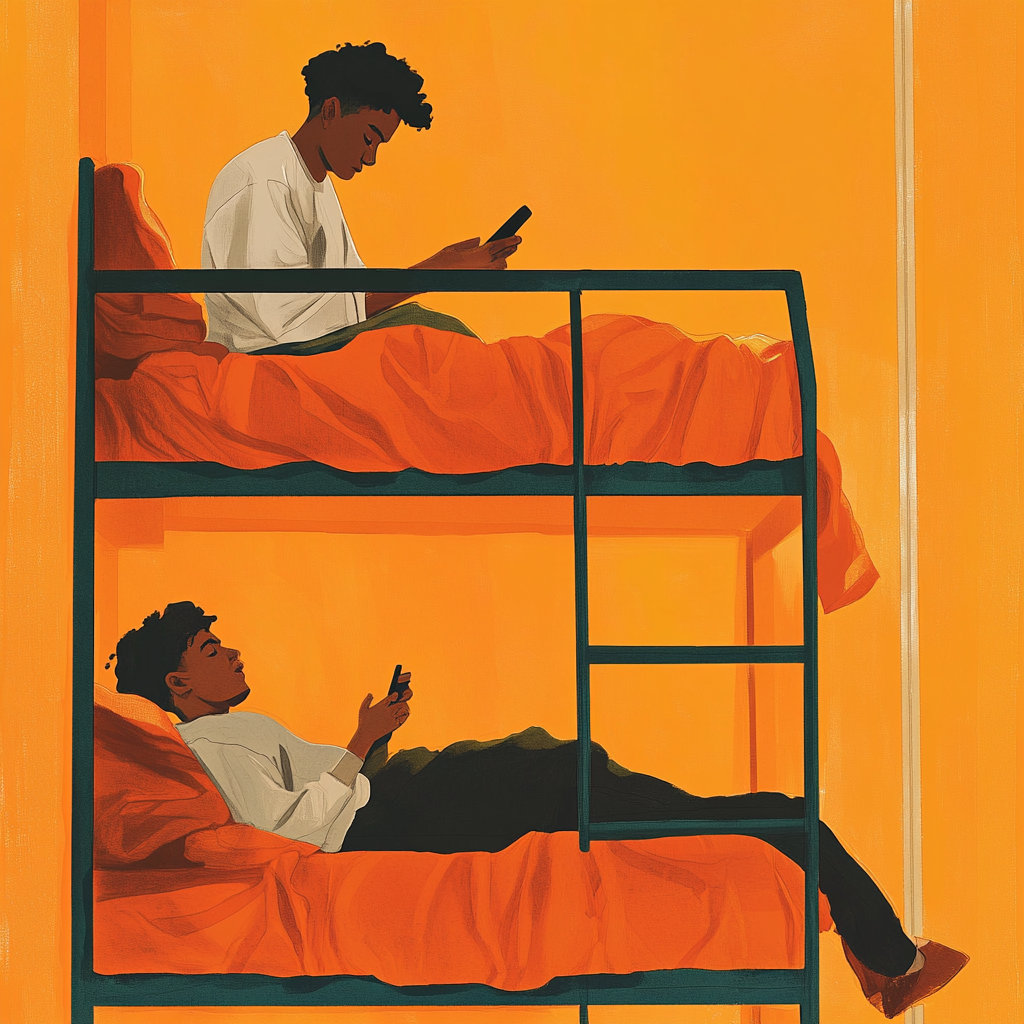 Illustration of College boys on bunk bed with phone