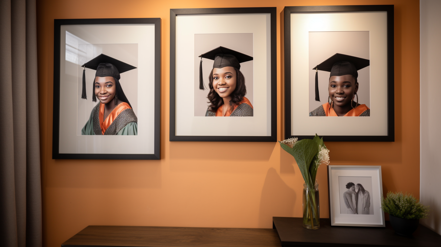 College graduate photos decorate bedroom wall in Africa.