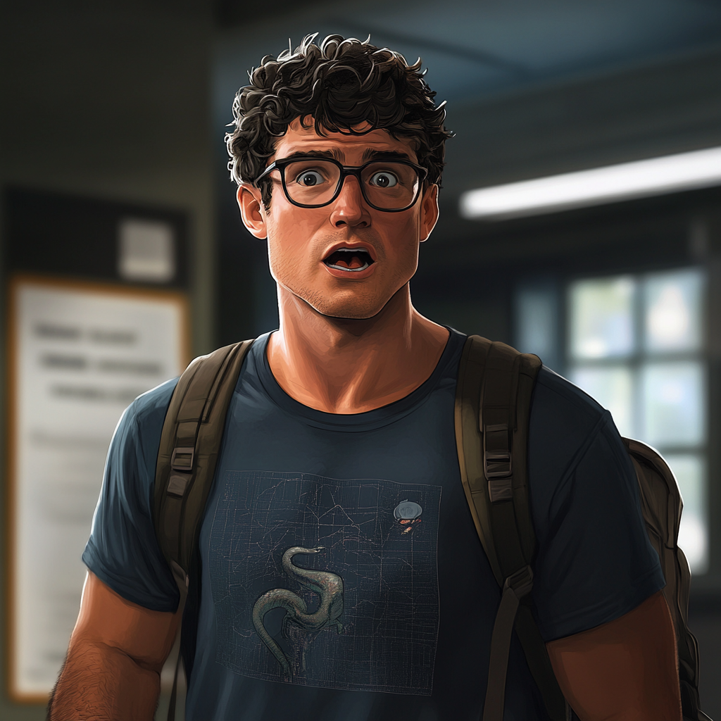 College student superhero with bifid tongue, glasses, university t-shirt