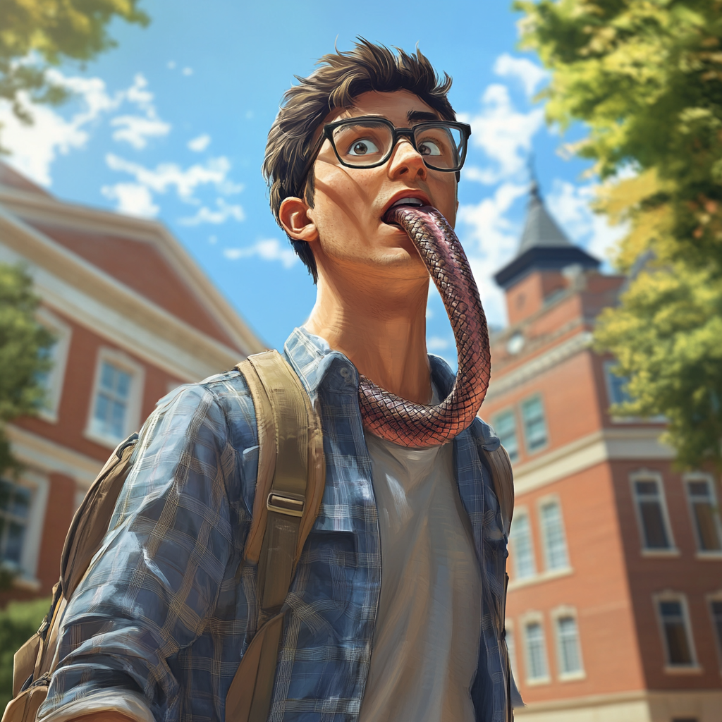 College student superhero with snake-like tongue, glasses, backpack.