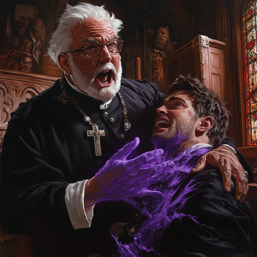 Colonel Sanders as Priest and Noble Choked by Ghost.