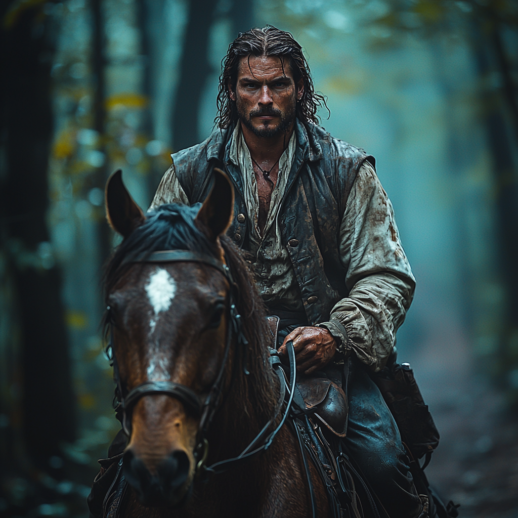 Colonial man on brown horse in dark forest at night.