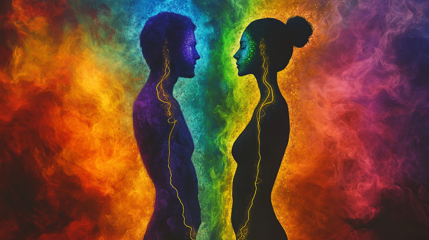 Color-coded Chakras Man Woman Energy Theft 16:9 Portrait