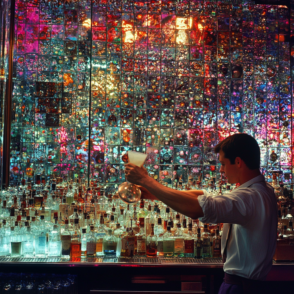 Color photograph of barman shaking cocktail in punk disco.