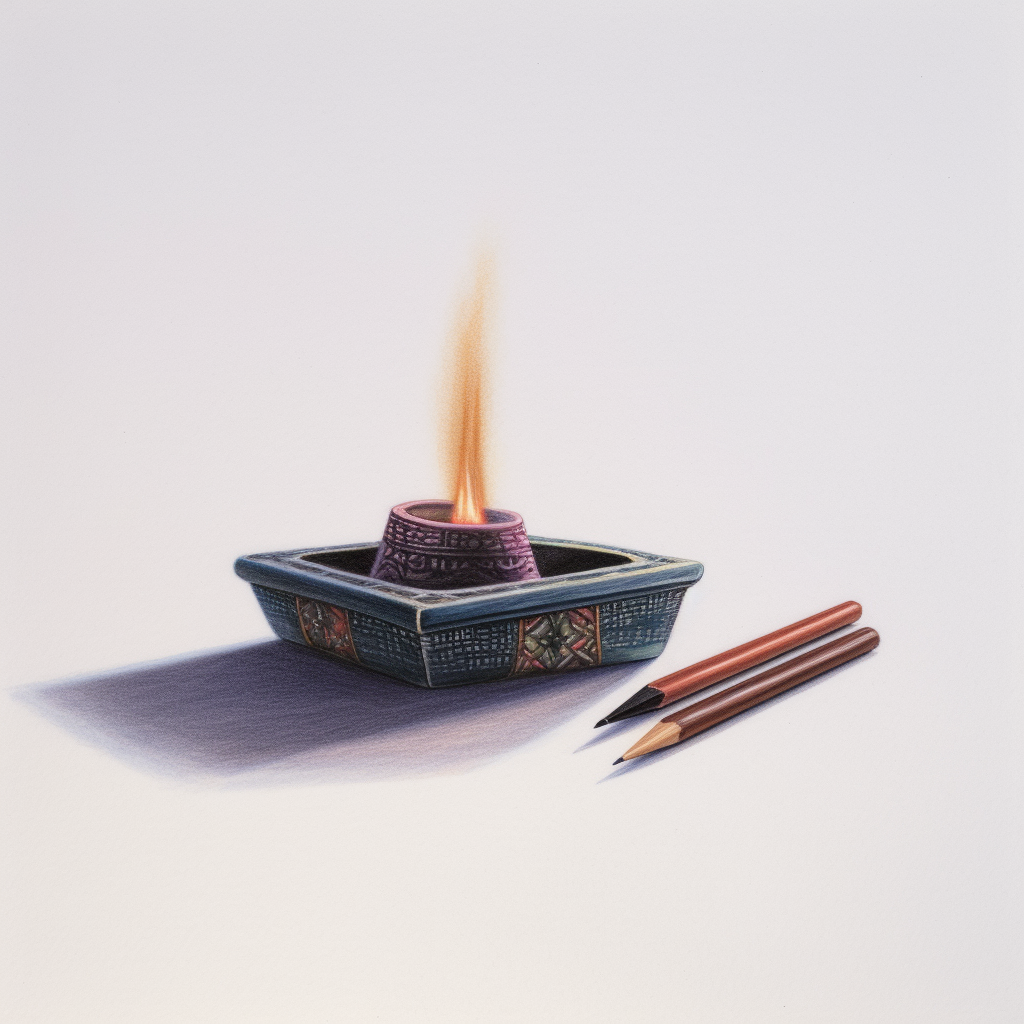 Colored pencil drawing of yoga mat and incense holder.