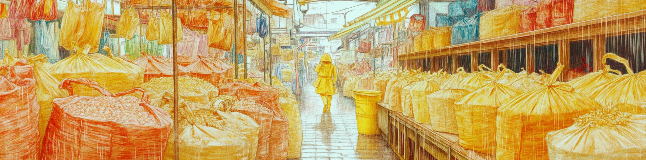 Colored pencil sketch of rainy market scene, symmetrical layout.