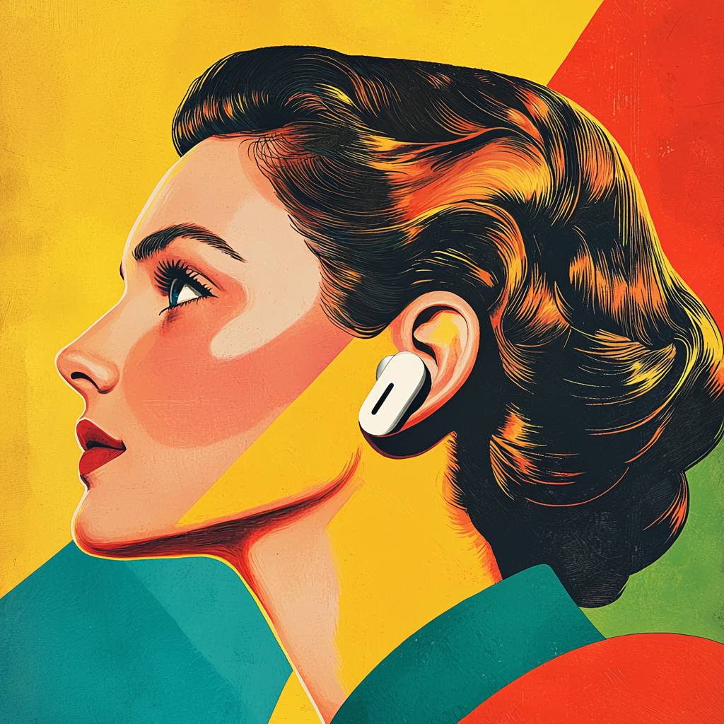 Colorful 1950s-style advertisement featuring woman's ear with AirPods.