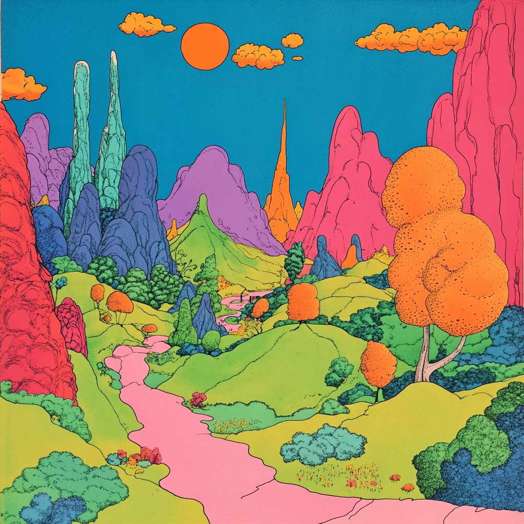 Colorful 1968-style landscape drawing with rounded edges