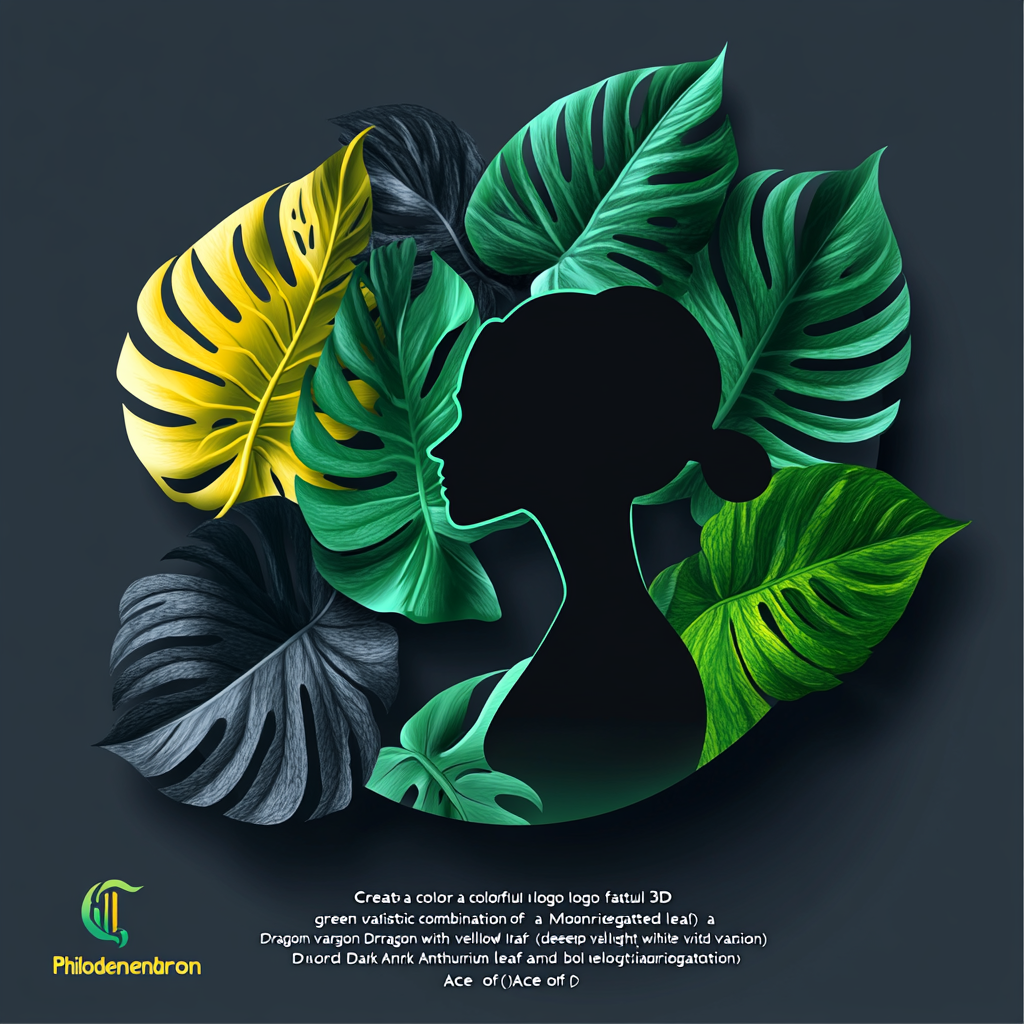 Colorful 3D logo with Monstera, Philodendron, Anthurium leaves, woman.
