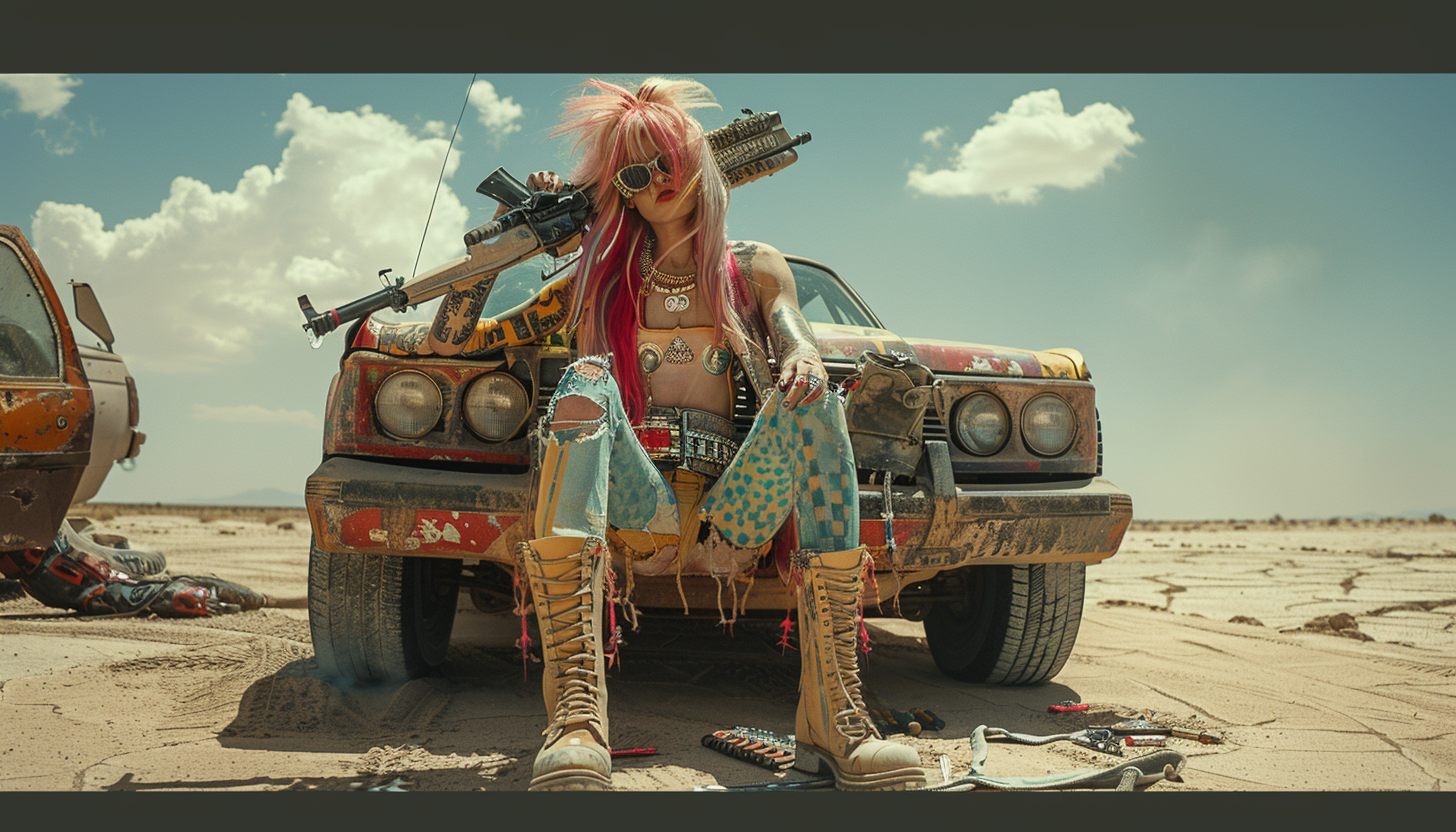 Colorful 80s Hair Band Pop Star in Post-Apocalyptic Wasteland