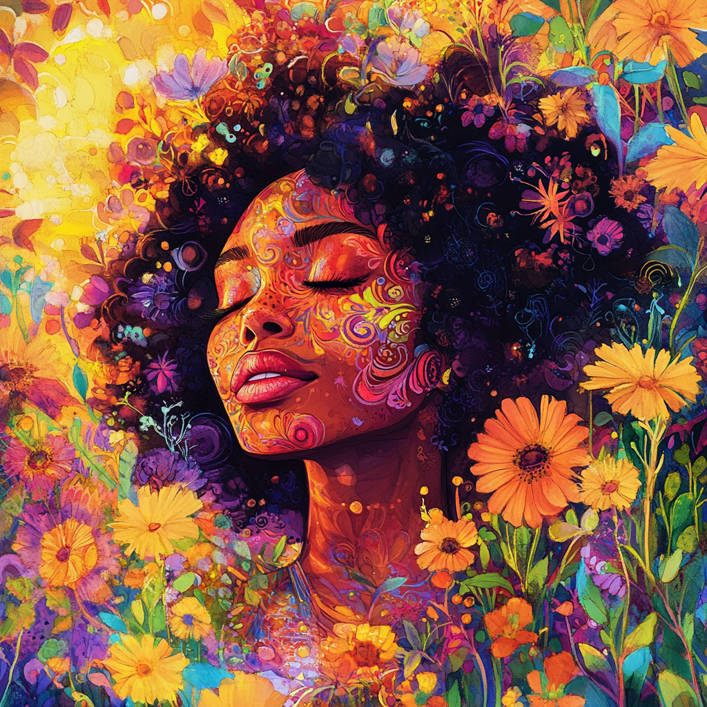 Colorful Afro hippie woman in dreamlike garden of flowers.