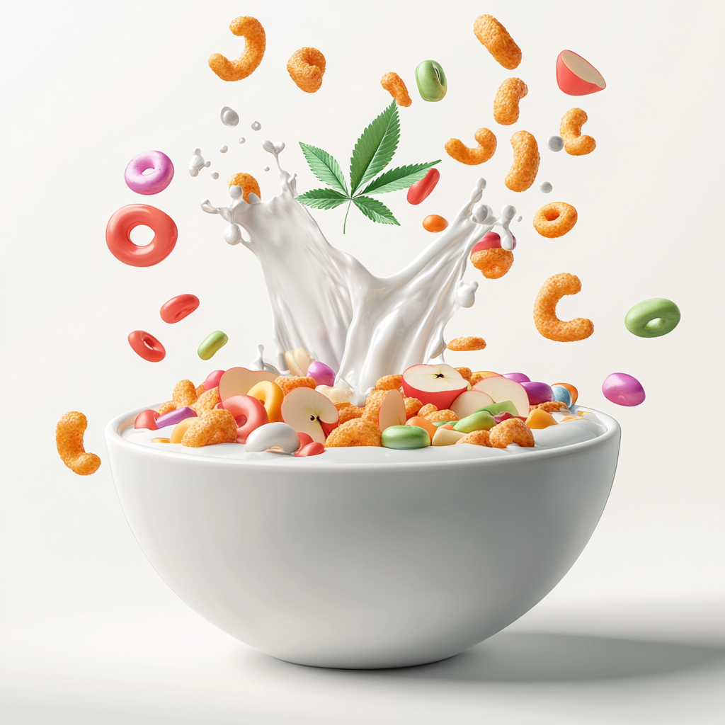 Colorful Apple Jacks cereal with playful THC leaves splashy.