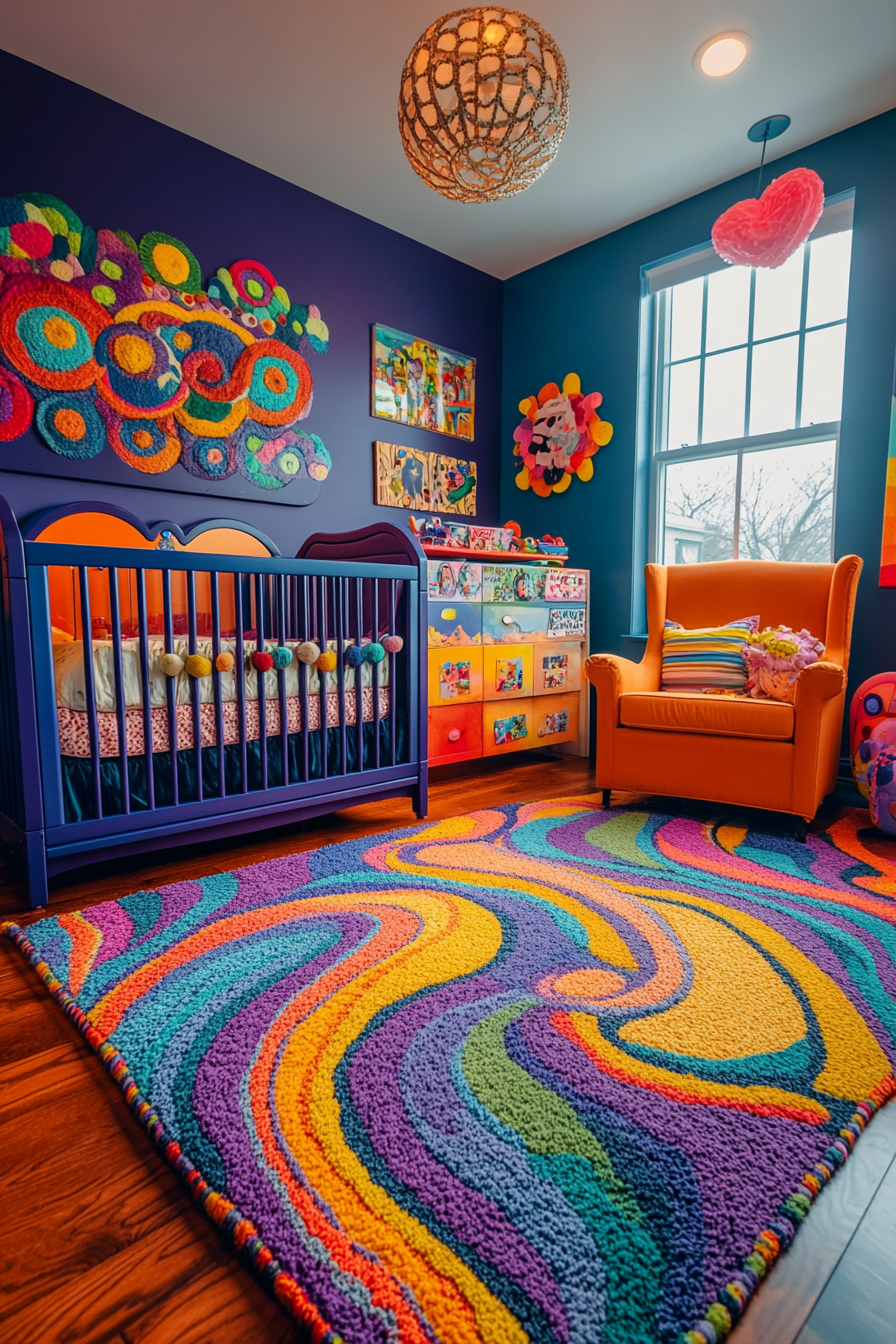 Colorful Barndominium Nursery with Vibrant Art and Furniture